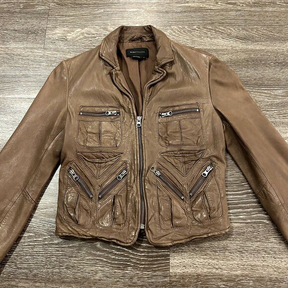 BCBGMAXAZRIA Brown Leather Moto Jacket Small Distressed Zip Pockets Boho Biker - Picture 1 of 9
